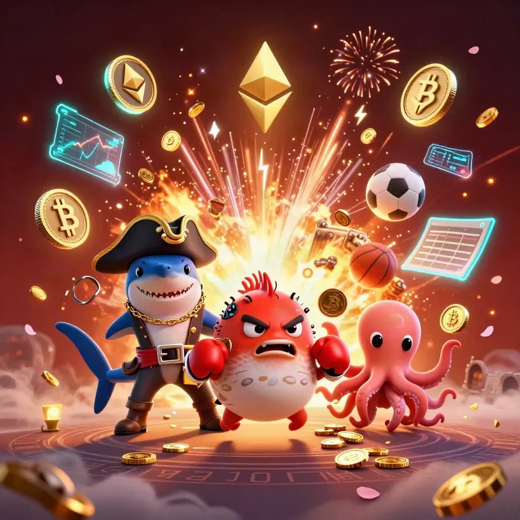 Pirate shark, pufferfish, and octopus amid exploding gold coins, neon casino effects, and sports betting icons.