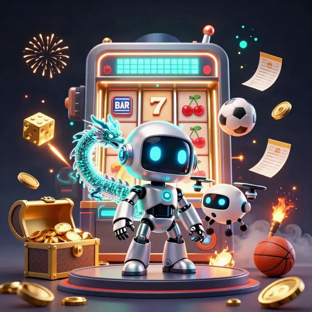 Cyberpunk robot, holographic dragon, and coin drone amid a bursting slot machine and gold fireworks.