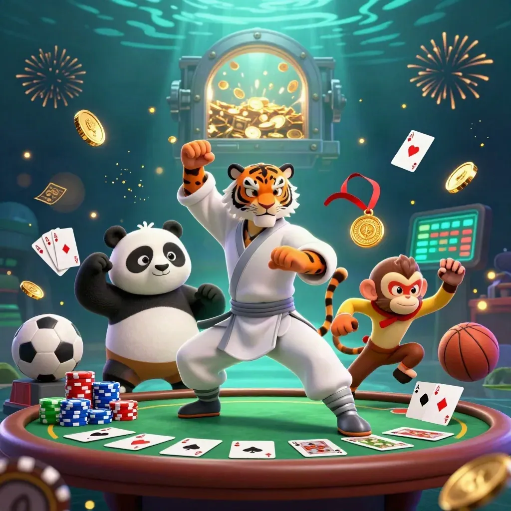 Kung-fu tiger, panda, and monkey amid casino props, gold coins, and fireworks underwater