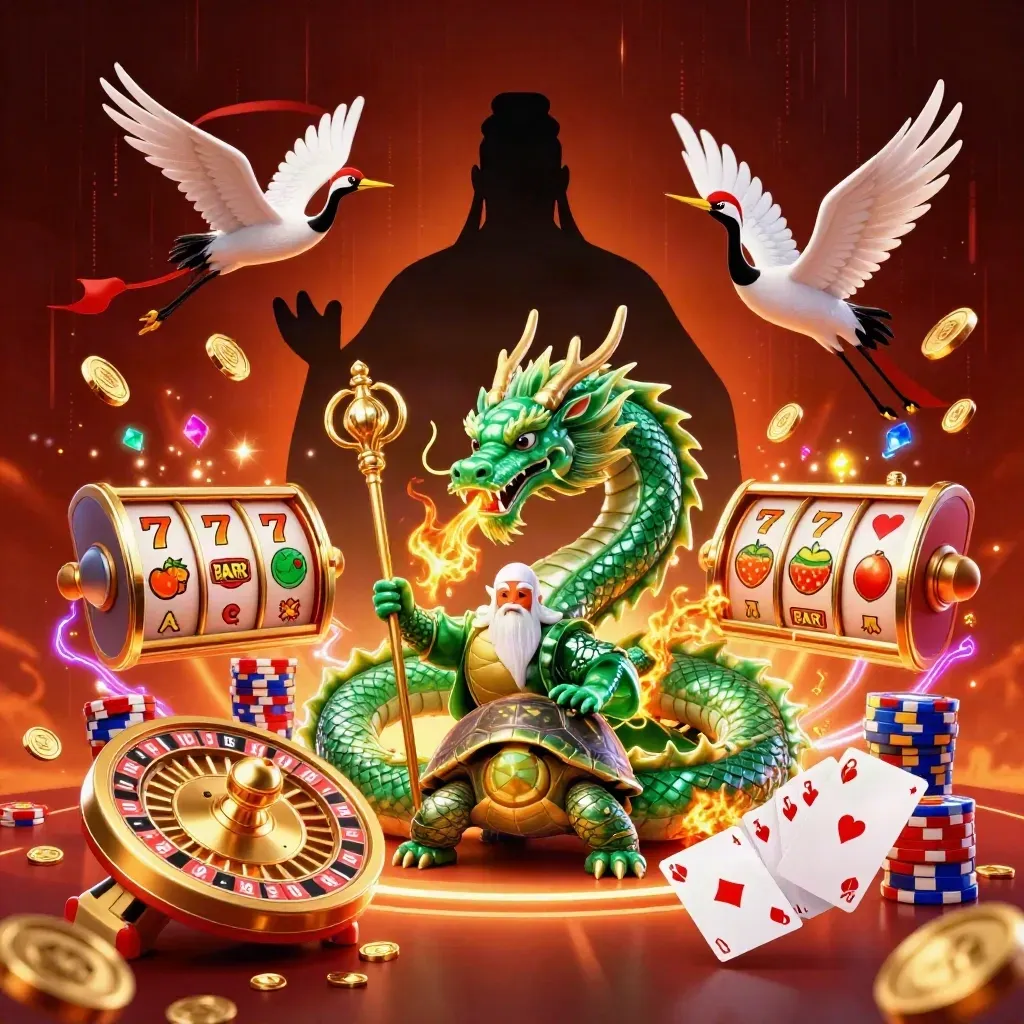 Emerald dragon, turtle sage, and cranes amid casino sparks, coins, chips, reels, and fiery neon glow.