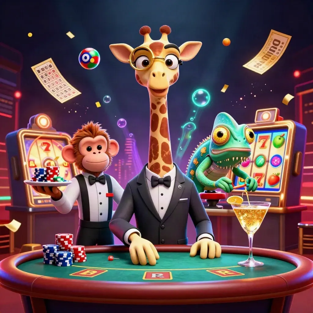 Giraffe gambler, monkey valet, and chameleon bartender amid casino icons and glowing lights.