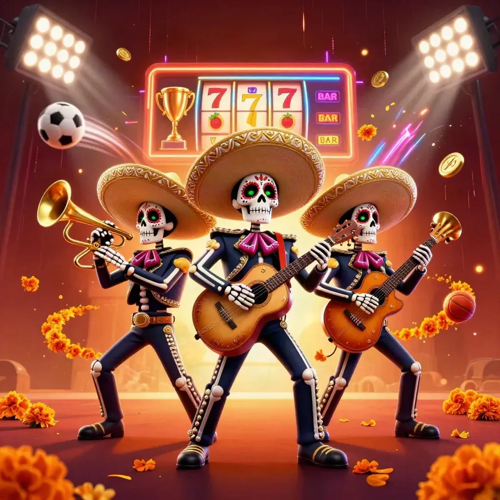 Three skeleton mariachi heroes amid flying balls, reels, coins, and neon casino energy.