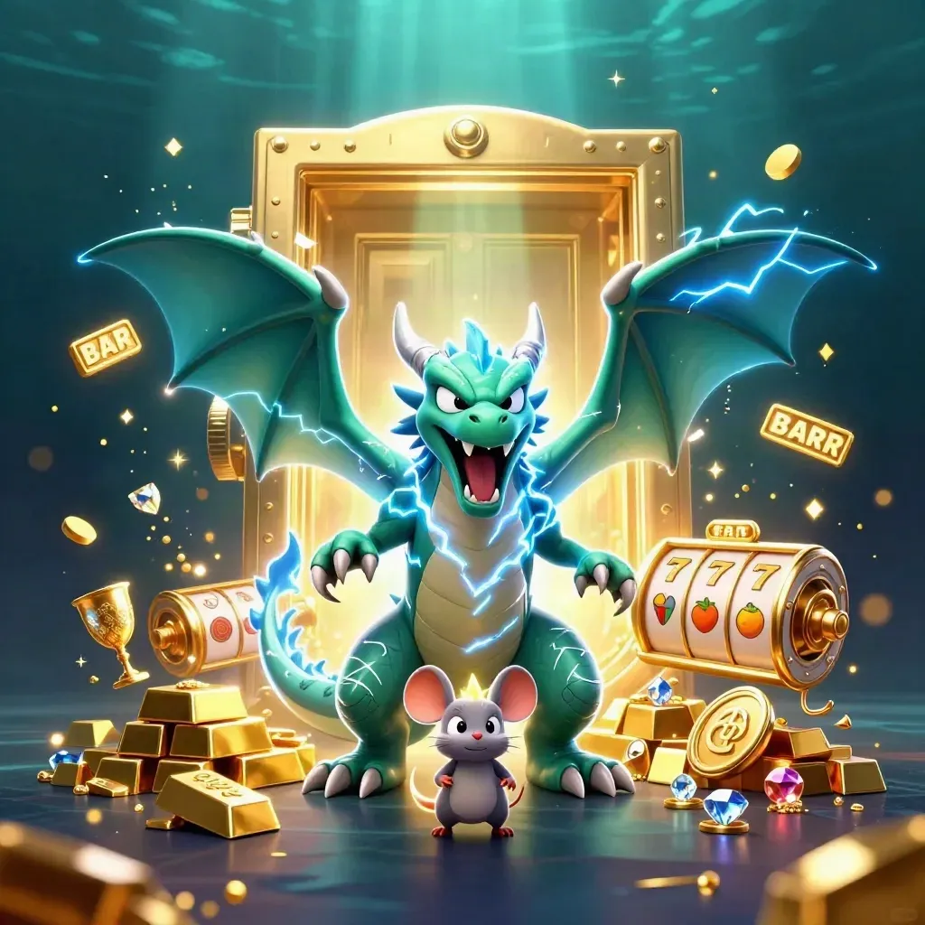 Thunder dragon, wind hawk, and static mouse burst from a gold vault over neon casino treasure.