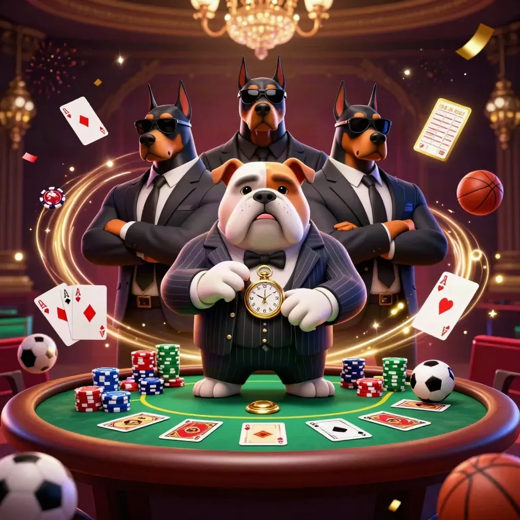 Bulldog boss and two Dobermans amid poker chips, cards, and neon casino effects