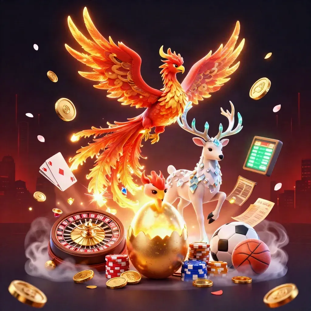 Phoenix, hatching egg, crystal stag, coins, chips, roulette wheel, sports ball accents in neon casino art.