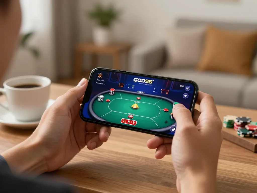 Engaged user playing poker on god55 mobile app in a cozy home setting.