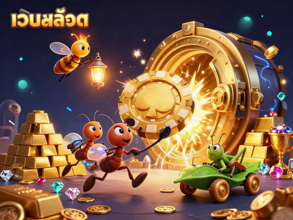 Experience เว็บสล็อต thrills with ants heisting a giant poker chip amidst jewels and treasure.
