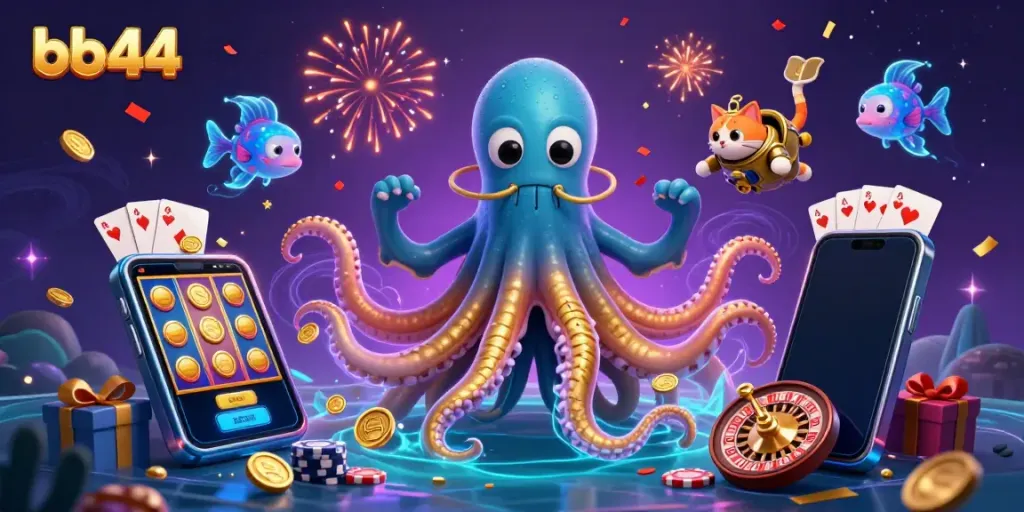 Engage in BB44 themed gameplay with a kraken, diving cat, and sea creatures in a vibrant casino scene.