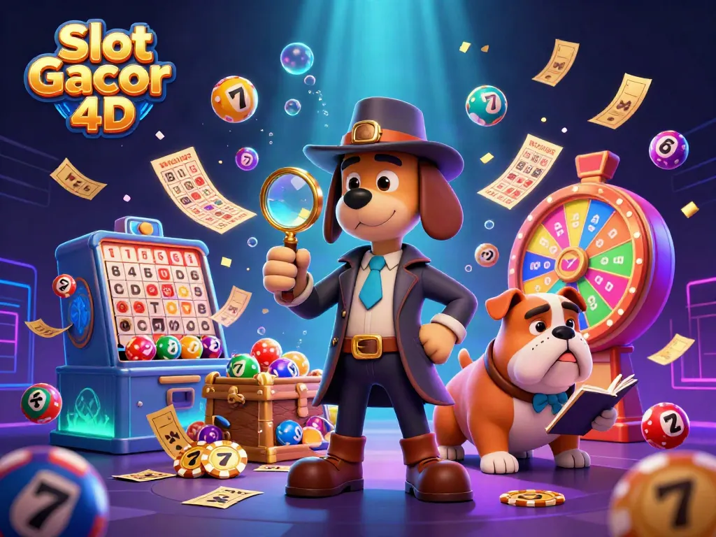 Slot Gacor 4D mengeksplorasi karakter detektif dan elemen keberuntungan dalam ilustrasi penuh warna.