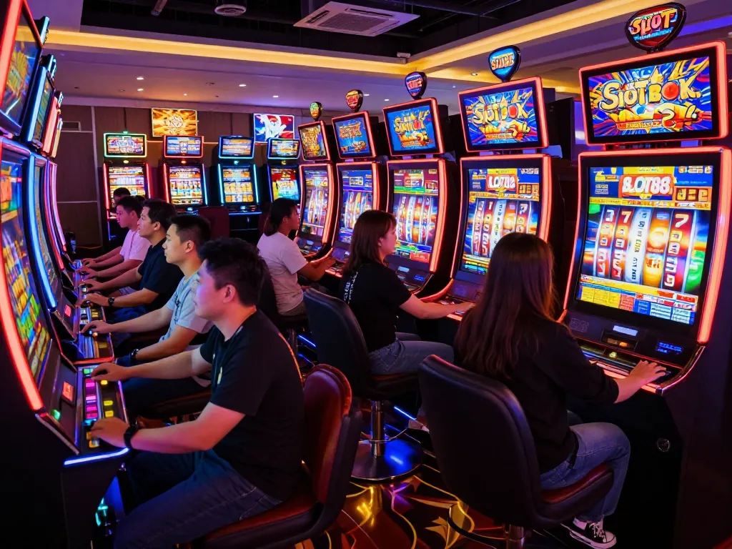Players enjoying Slot88 games at colorful casino slot machines, engaging with the thrilling environment.