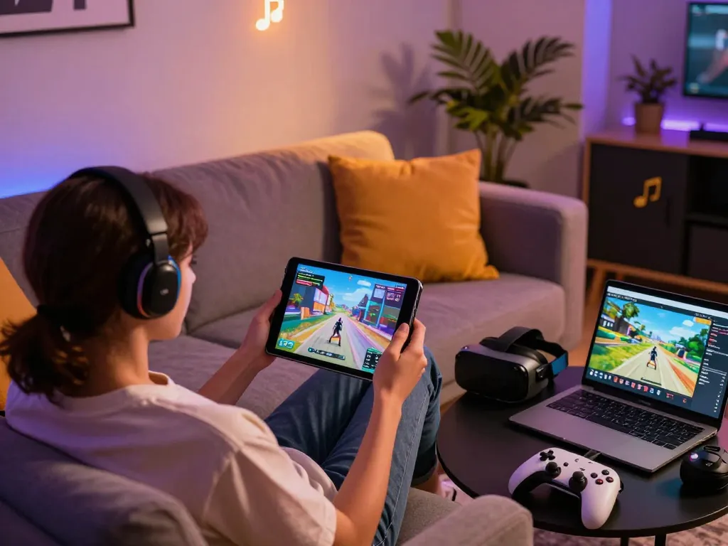 Relaxed individual engaging in a sex game on a tablet, showcasing vibrant gaming accessories.