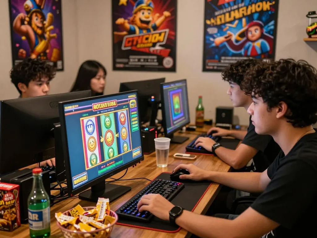 A group of friends enjoying a thrilling session of slot gacor games together, surrounded by colorful graphics and cozy atmosphere.
