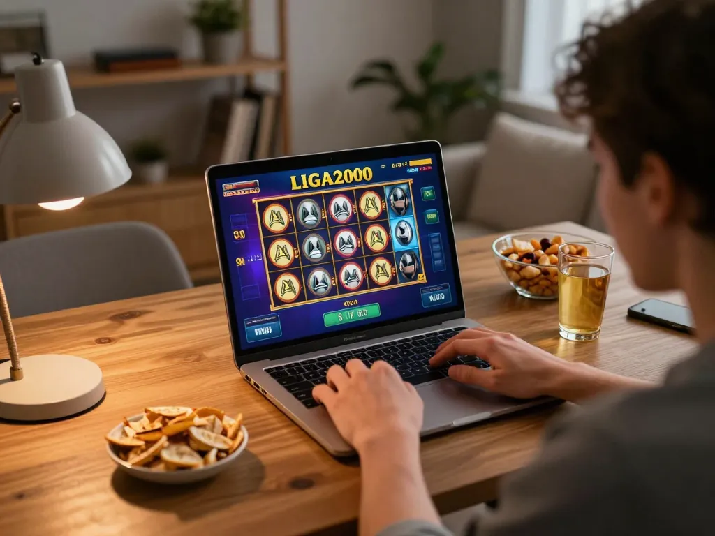 LIGA2000 online gaming session showcasing vibrant slot interface on laptop in cozy home setting