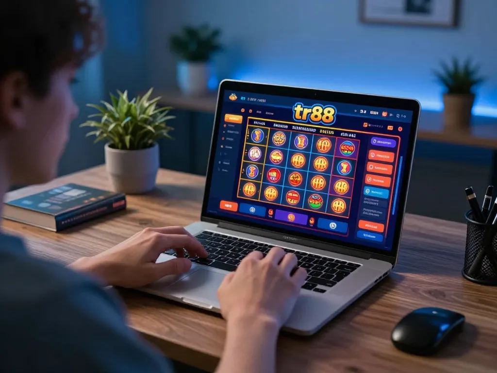 Engaging with the tr88 game platform from a modern home office with colorful screens.