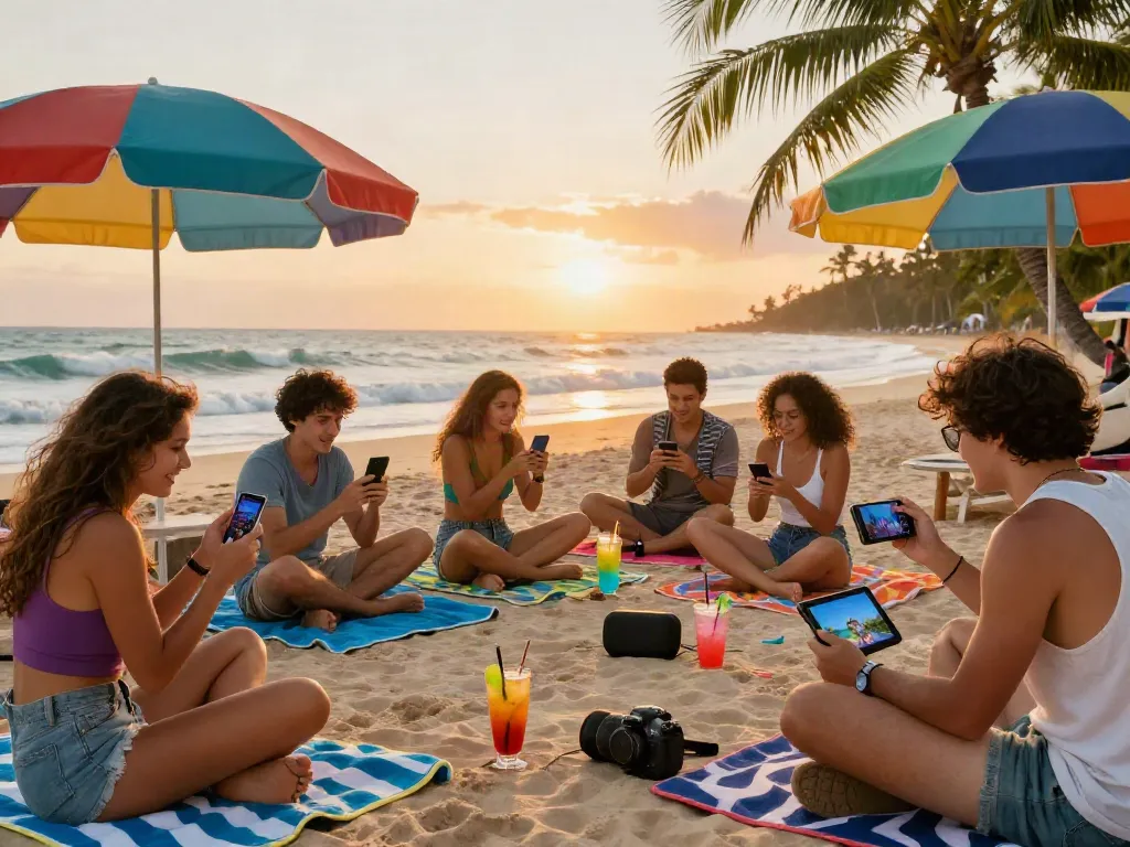 Hotwin88 gaming group enjoying mobile games on a tropical beach at sunset.