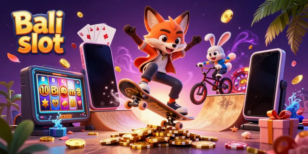 Join the action at Bali slot with vibrant casino characters and colorful gaming elements.