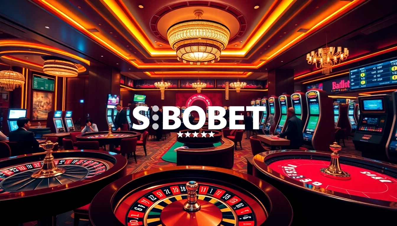 Experience sbobet login indonesia at a vibrant online casino featuring roulette wheels and poker tables.