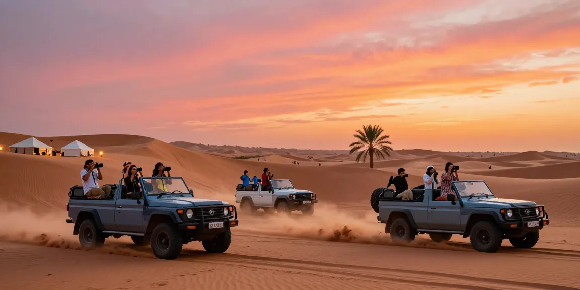Tourists on a slot desert safari adventure at sunset