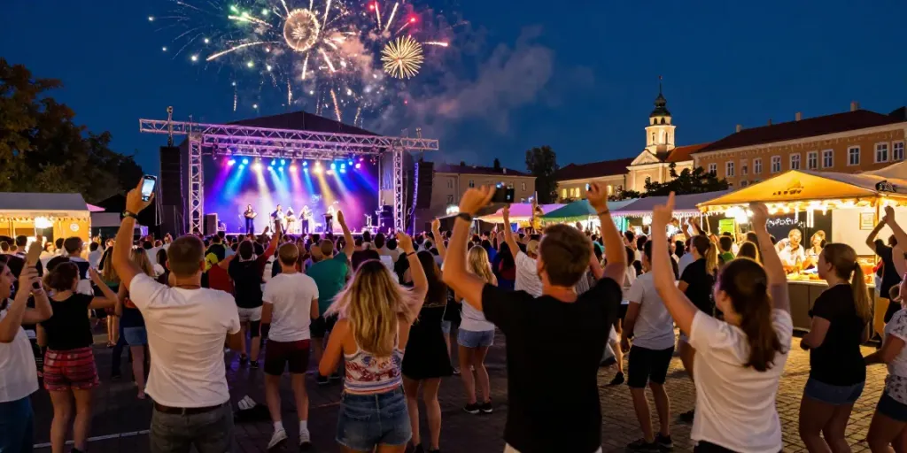 Excited crowd at concerts and events Vilnius with fireworks and city skyline.