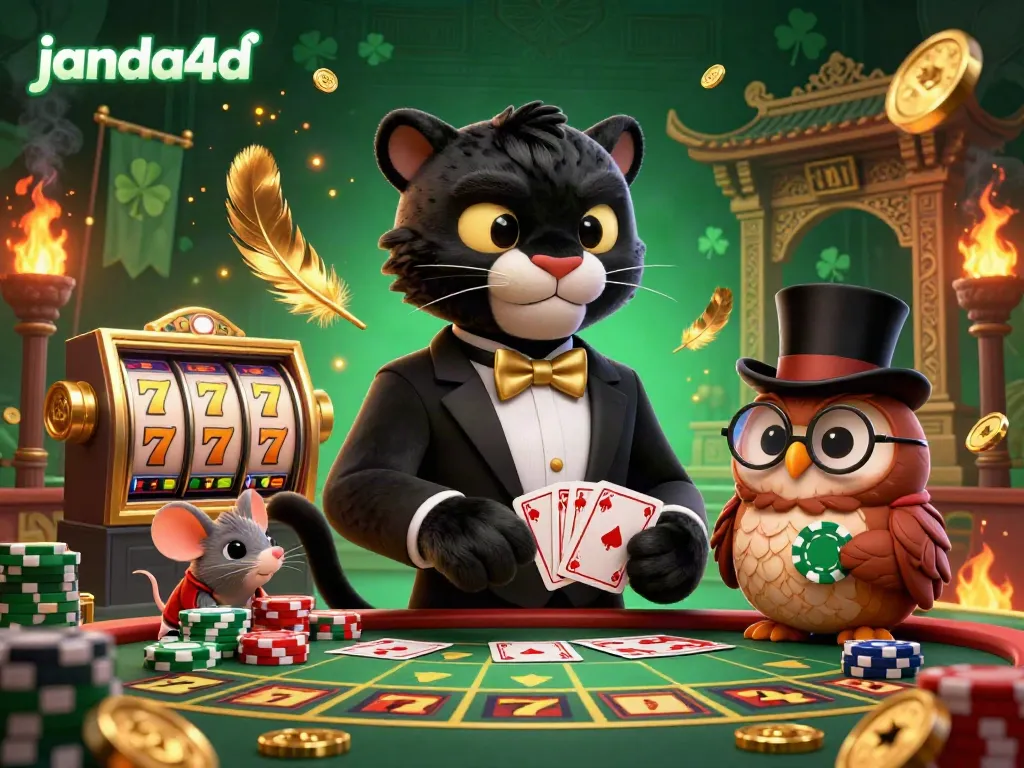 Gambaran menarik tentang janda4d di kasino dengan panther elegan yang membagikan kartu, burung hantu dan tikus membawa chip.