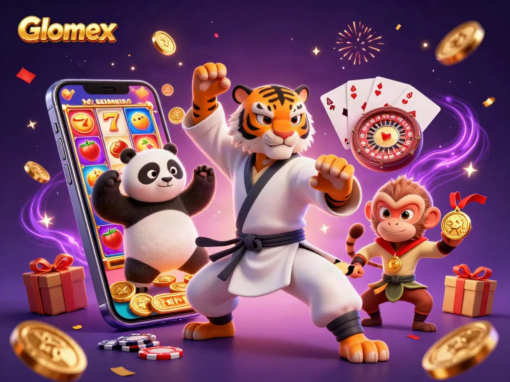 Glomex enhances gameplay with thrilling slot spins and vibrant symbols in a lively casino scene.