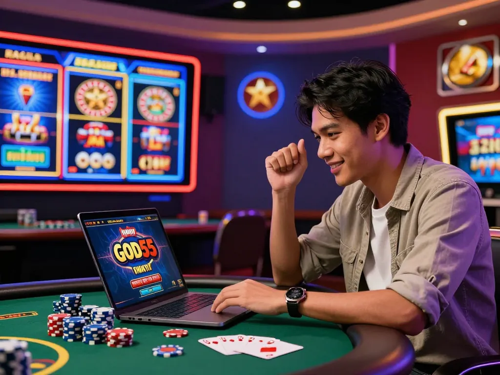 Thai player engaging with God55 online casino platform, vibrant gaming elements and excitement.