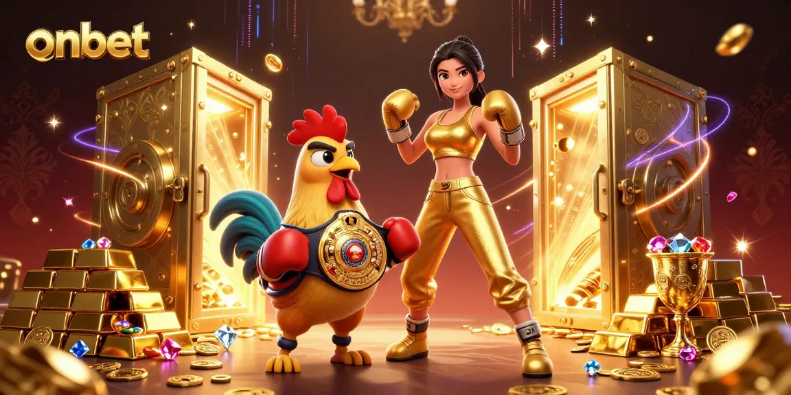 Bet and win with onbet through a thrilling 3D digital casino illustration featuring powerful characters and rich game elements.