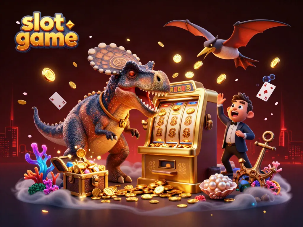 Experience the excitement of the slot game with jackpots exploding around cartoon dinosaurs in this vibrant scene.
