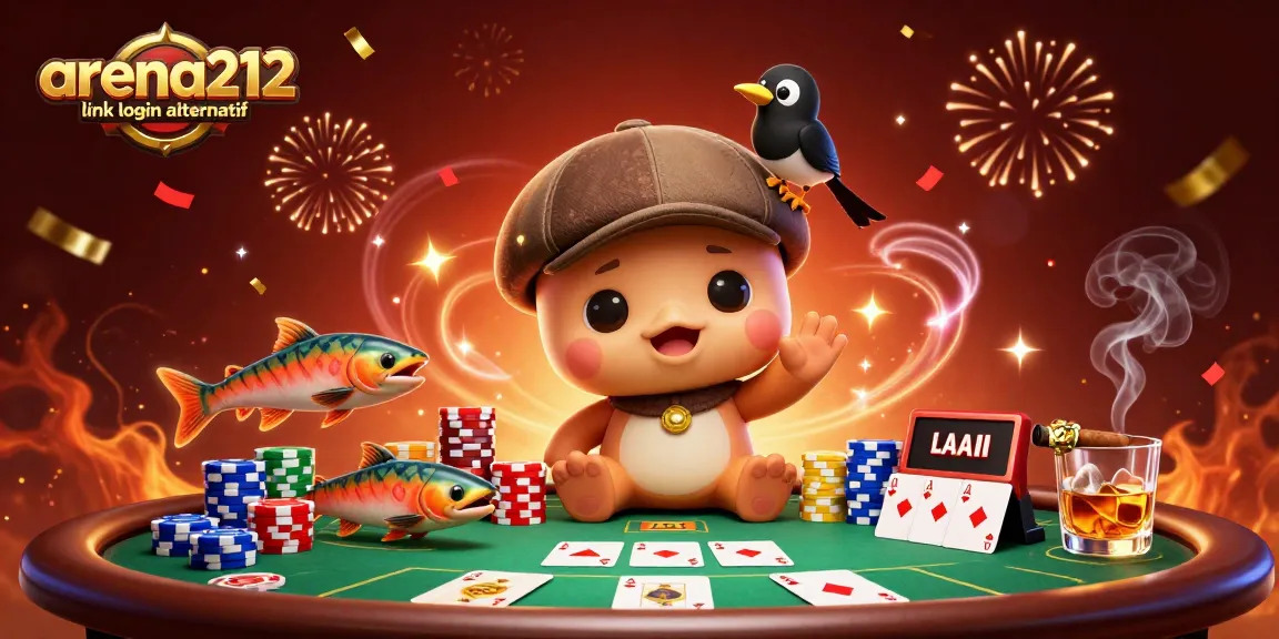 Mengakses arena212 link login alternatif untuk permainan kasino dengan banyak elemen kasino dan karakter kartun menarik.