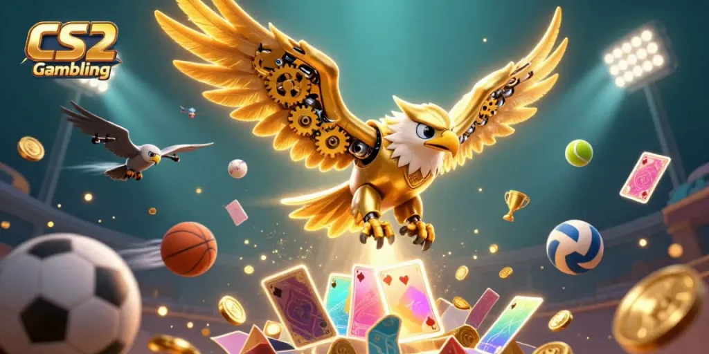 Engaging scene of CS2 Gambling with a golden eagle diving through cards and sports elements.