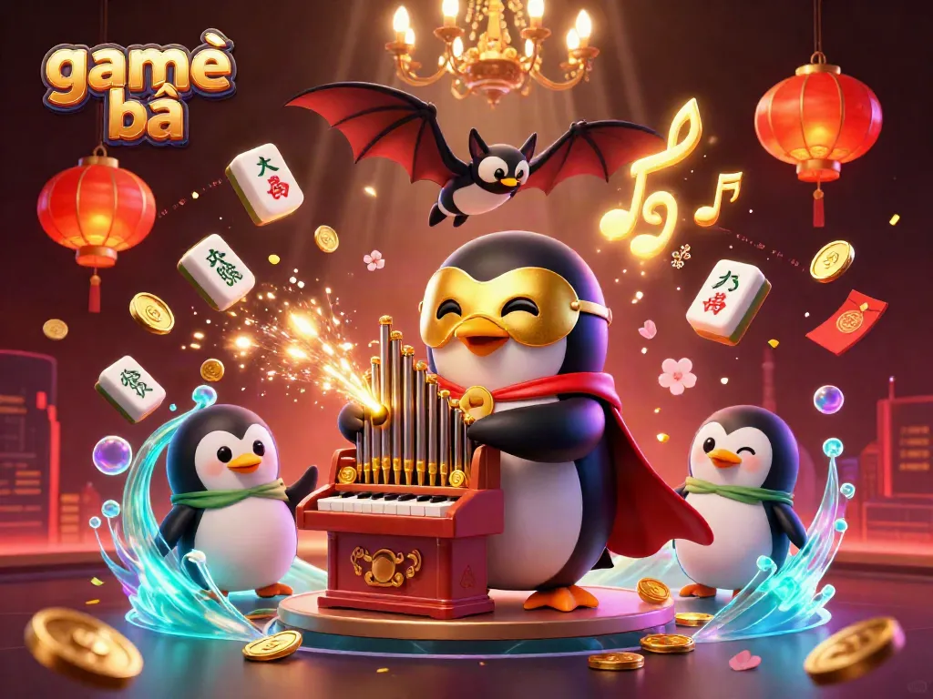 Experience the thrill of game bài with a penguin playing in a dazzling casino scene.