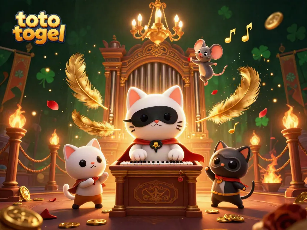 Engage in thrilling toto togel gameplay with vibrant casino illustration featuring a musical cat and acrobatic mouse.