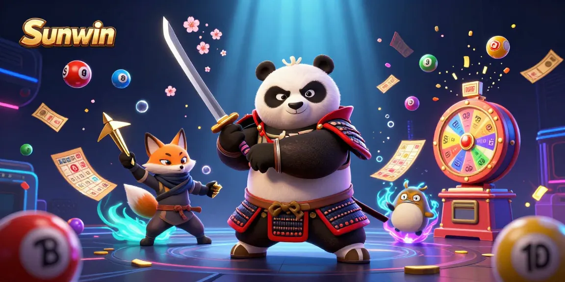 Sunwin features a samurai panda and ninja fox amidst colorful lottery elements, showcasing vibrant gaming excitement.