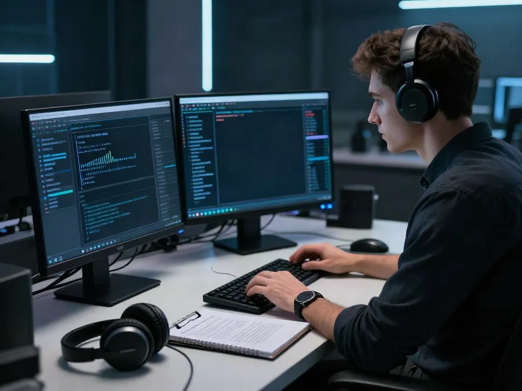 Cybersecurity expert analyzing dark web trends, featuring the hidden wiki on screen.