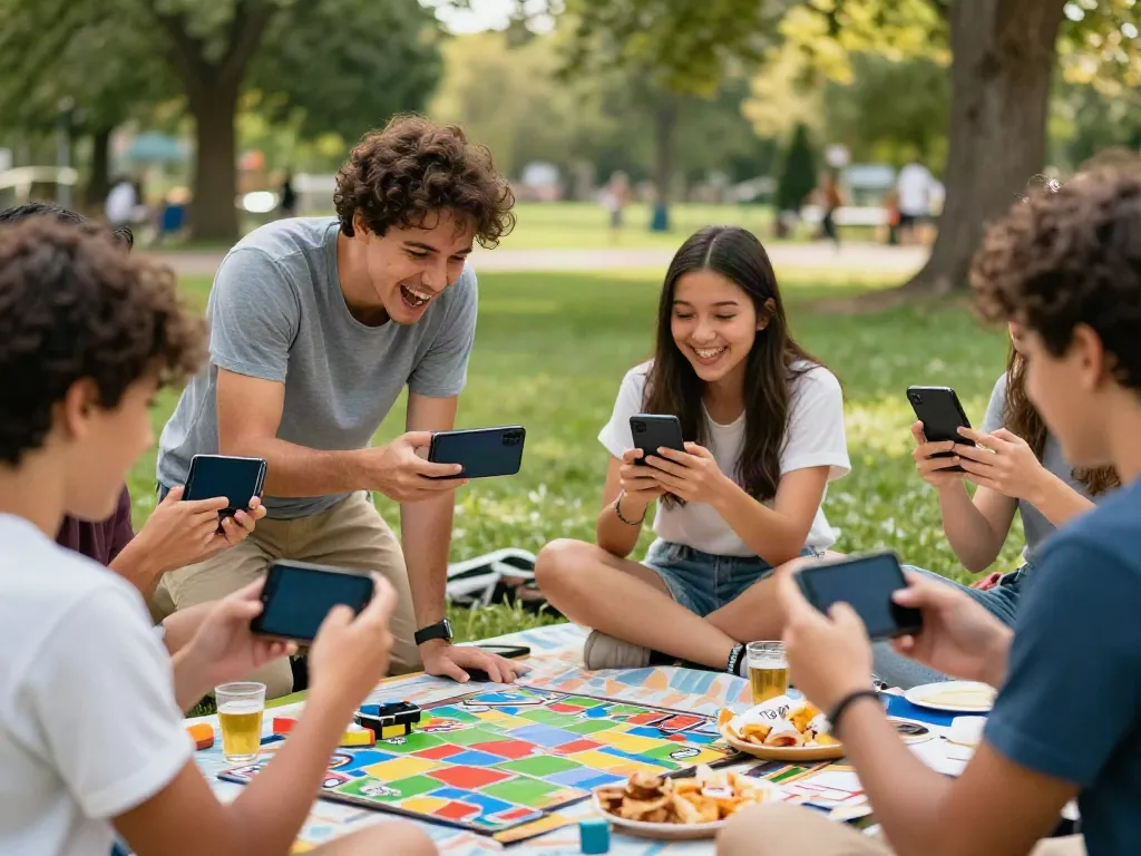 Friends enjoying Rumble Rummy on mobile devices in a sunny park setting.