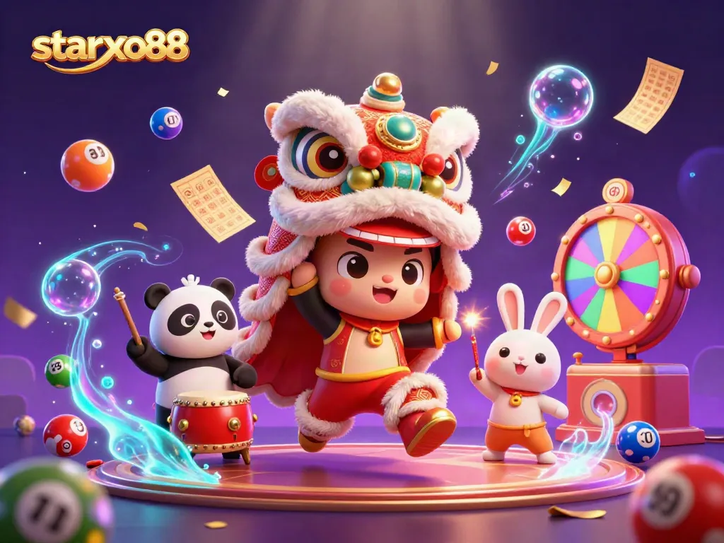 Engage with starxo88 through a dynamic 3D illustration featuring a lion dance and vibrant gambling elements.