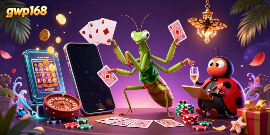 Pemain menangkan permainan di gwp168 dengan slot dan kartu menyenangkan dalam ilustrasi cerah.