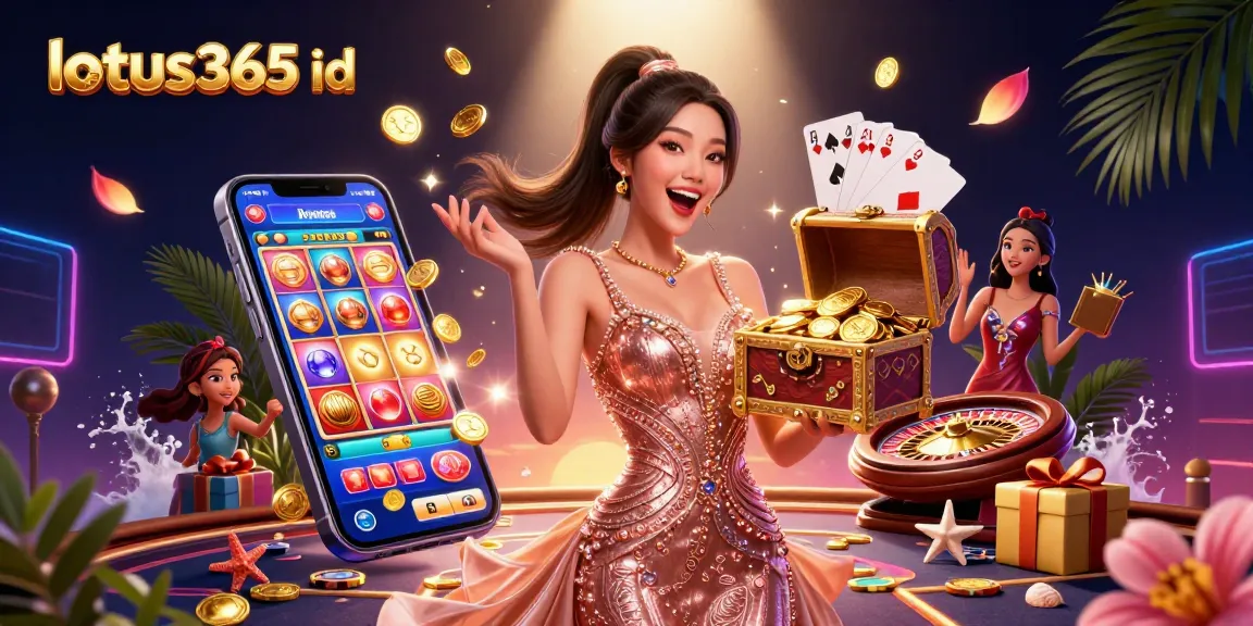Engage with lotus365 id in this stunning treasure-filled casino illustration showcasing gold coins, gems, and gaming elements.