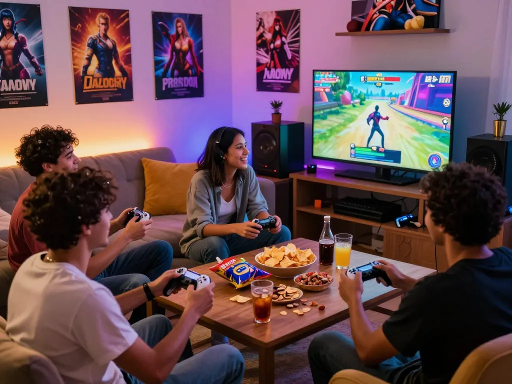 Exciting multiplayer porngame session with friends in a vibrant gaming setup