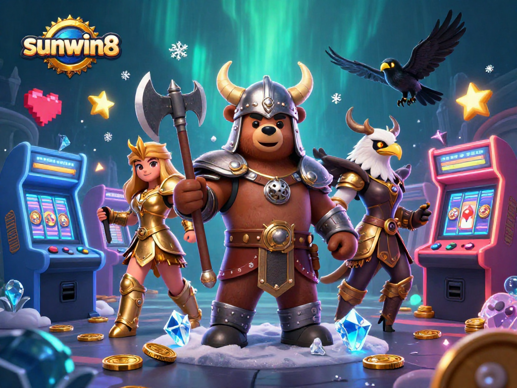 Experience the excitement of sunwin8 gaming with this action-packed illustration showcasing vibrant casino elements and characters.
