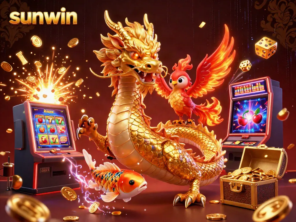 Play casino games with sunwin as a fierce golden dragon, a cute phoenix, and a koi fish amidst coins and jackpots.