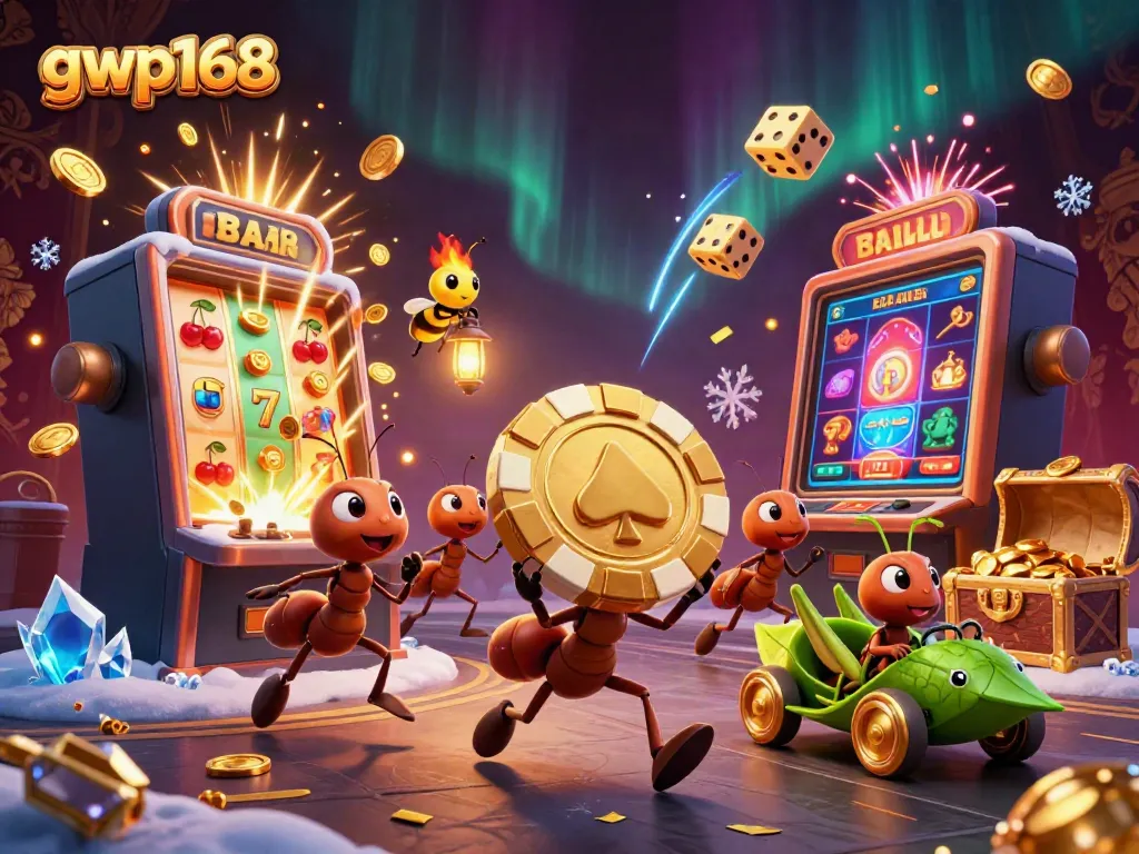 Ant tim 3D gwp168 beraksi membawa chip poker emas, dikelilingi elemen kasino yang menakjubkan.