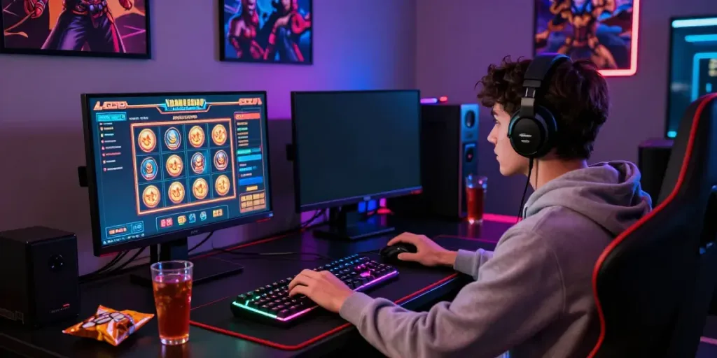 Exciting online gaming experience with akunjp interface, modern gaming setup at night with vibrant LED lights.