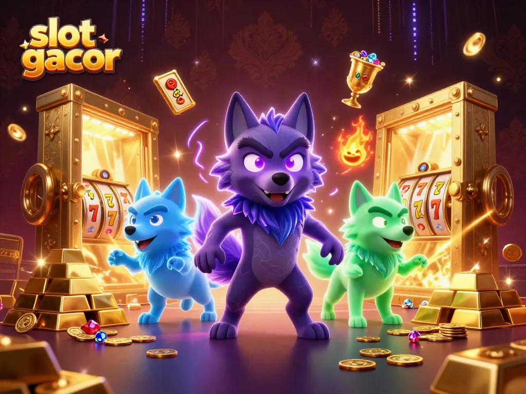 Engaging slot gacor scene featuring a spectral wolf leader and ghost companions surrounded by riches.