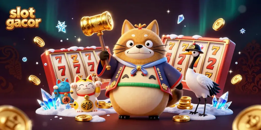Slot gacor diilustrasikan dengan karakter ceria dan elemen permainan kasino menarik.