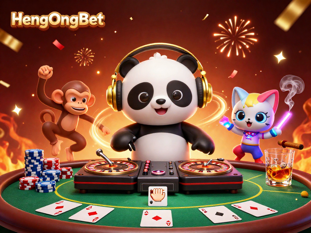 Engage in HengOngBet's thrilling atmosphere with a DJ panda and vibrant casino elements.