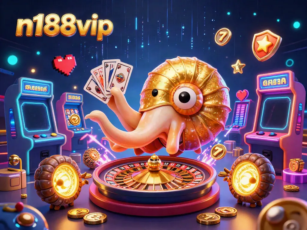 Experience the excitement at n188vip with a colorful 3D casino scene featuring slots and games.