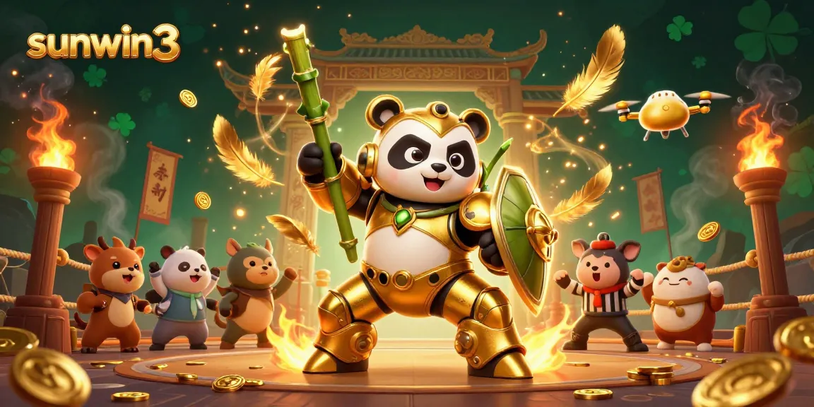 Sunwin3 showcases 3D golden panda in mech-suit battling in an exciting casino arena.