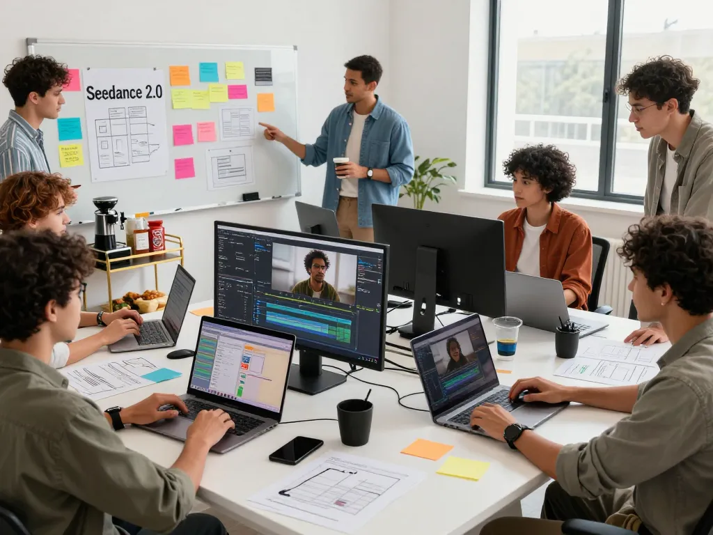 Creative professionals using seedance 2.0 in a vibrant digital workspace for dynamic video production.