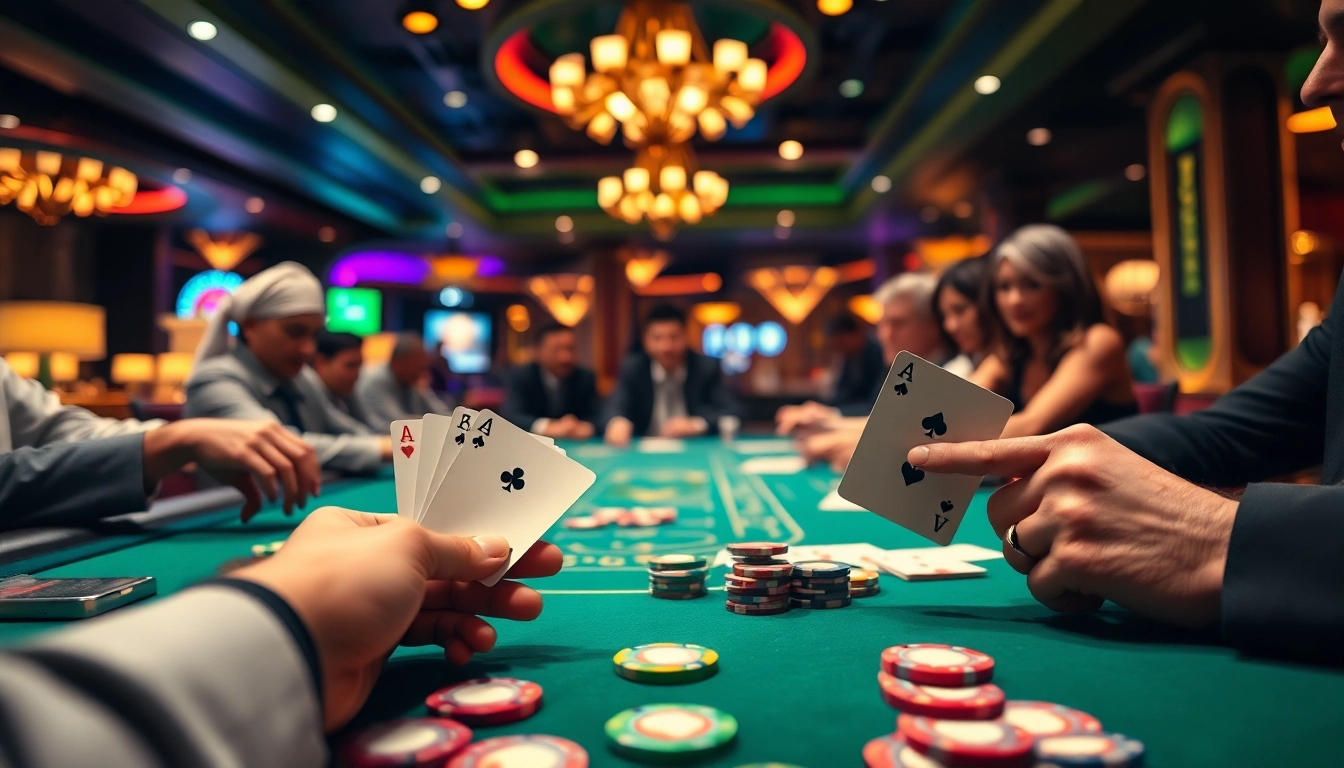 Engage in a thrilling game at the Blackjack Casino table with eager players and vibrant ambiance.